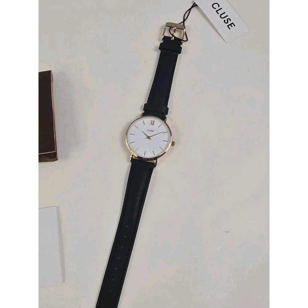 Cluse Women's Minuit White‎ Dial Black Leather Rose Gold Case Watch CL30003 NWT